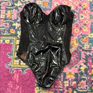 Victoria's Secret Black Shiny Bodysuit with Corset Design